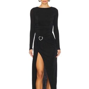 superdown Black Long-Sleeve Ruched Maxi Dress with Heart Buckle